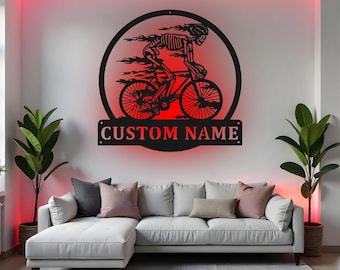 Letrero de bicicleta con calavera personalizada, arte de pared de metal LED, regalo de ciclista personalizado, decoración de bicicleta con calavera para cueva de hombre, decoración de habitación de ciclismo