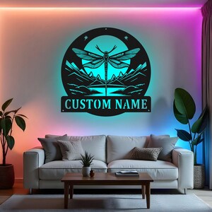 Custom Dragonfly Sign LED Metal Wall Art, Personalized Name Decor, Nature Inspired Dragonfly Gift, Bedroom Wall Decor