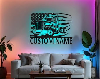 Custom Semi Truck Sign LED Metal Wall Art, Personalized Truck Driver Gift, Trucking Decor for Man Cave, Trucker Room Wall Decor