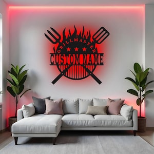 Custom BBQ Sign LED Metal Wall Art, Personalized Grillmaster Outdoor Decor, Backyard Patio Grilling Gift