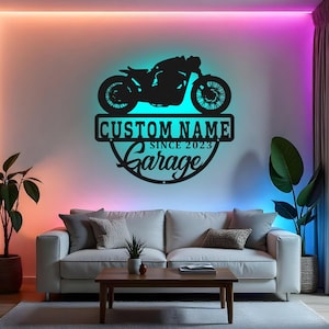 Custom Motorcycle Sign LED Metal Wall Art, Personalized Biker Garage Decor, Laser Cut Gift for Riders