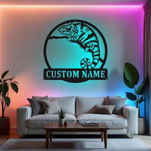 Custom Chameleon Sign LED Metal Wall Art, Personalized Name Sign, Reptile Lover Gift, Chameleon Decor for Bedroom
