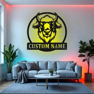 Custom Bison Sign LED Metal Wall Art, Personalized Buffalo Name Decor, Wildlife Gift for Cabin, Lodge or Home