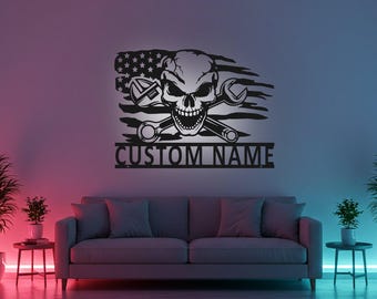 Kundenspezifische Schädel-Mechaniker-Zeichen-LED-Metallwand-Kunst, personalisierte Garagen-Dekor-, Schädel- und Werkzeug-Werkstattgeschenk, Mannhöhlen-Wand-Dekor