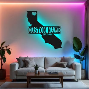 Art mural LED en métal personnalisé pour la Californie, décoration personnalisée de la carte de l'État de Californie, cadeau pour la maison de la Californie, Art mural LED en métal pour le salon