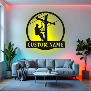 Custom Lineman Sign LED Metal Wall Art, Personalized Lineman Gift, Electrical Worker Decor, Power Lineman Room Sign
