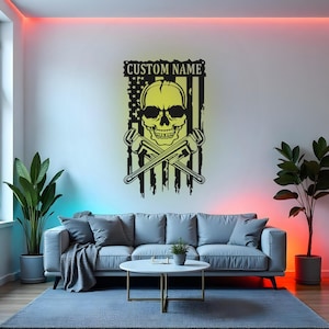 Custom Plumber Skull Sign LED Metal Wall Art, Personalized Plumbing Decor, Gift for Plumbers, Garage or Man Cave Decor