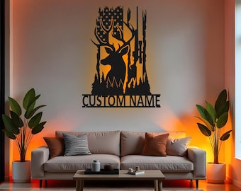 Custom Deer Hunting Sign LED Metal Wall Art, Personalized Hunter Gift, Hunting Decor for Man Cave, Forest Wildlife Wall Decor