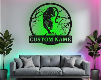 Kundenspezifische Panther-Zeichen-LED-Metallwand-Kunst, personifizierte Dschungel-Tierdekor, Panther-Liebhaber-Geschenk, wild lebendes Raumdekor
