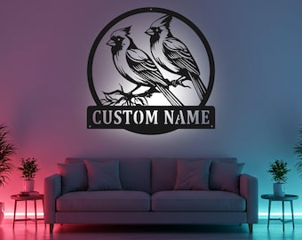 Custom Cardinal Couple Sign LED Metal Wall Art, Personalized Bird Decor, Nature Lover Gift, Living Room Wall Decor