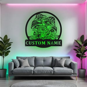 Enseigne champignon personnalisée Art mural LED en métal, décoration champignon personnalisée, cadeau unique pour jardinier, décoration murale de chambre à coucher