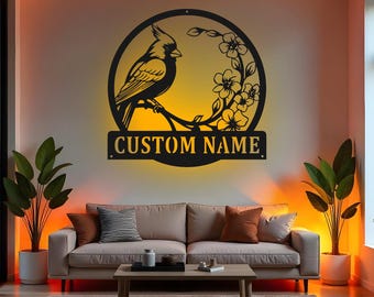 Custom Cardinal Bird Sign LED Metal Wall Art, Personalized Bird Lover Gift, Cardinal Decor for Living Room