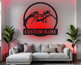 Custom Pelican Sign LED Metal Wall Art, Personalized Coastal Bird Decor, Nautical Beach House Decoration