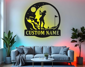 Custom Female Golfer Sign LED Metal Wall Art, Personalized Golf Decor, Woman Golfer Gift, Golf Lover Wall Decor