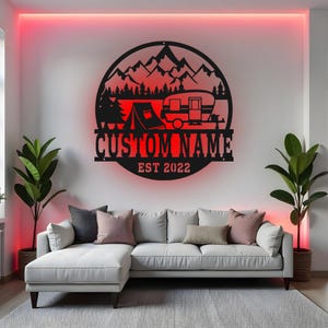 Custom Camping Sign LED Metal Wall Art, Personalized Camper Decor, RV Campsite Family Name Sign, Outdoor Adventure Gift