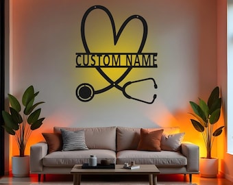 Custom Nurse Sign LED Metal Wall Art, Personalized Stethoscope Heart Decor, Nursing Graduation Gift, Nurse Room Sign