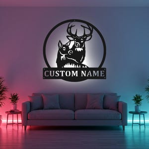 Custom Deer Couple Sign LED Metal Wall Art, Personalized Hunting Decor, Hunter Gift, Cabin Wall Decoration