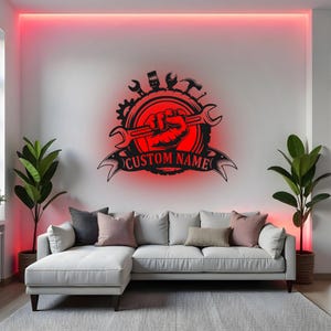 Custom Mechanic Sign LED Metal Wall Art, Personalized Wrench Decor, Garage Workshop Gift, Man Cave Wall Decor
