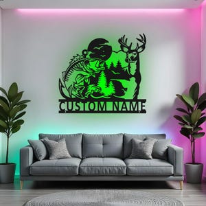 Custom Deer Hunter Sign LED Metal Wall Art, Personalized Hunting & Fishing Decor for Cabin, Outdoor Lover Gift