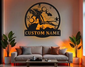 Custom Scuba Diver Sign LED Metal Wall Art, Personalized Diving Decor, Ocean Lover Gift, Diver Home Decor