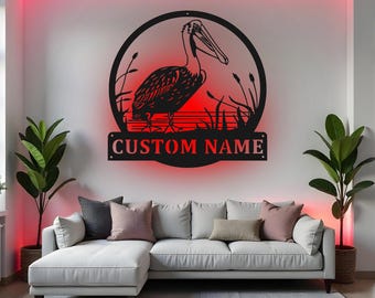 Custom Pelican Sign LED Metal Wall Art, Personalized Coastal Home Decor, Beach House Gift, Nautical Wall Decor