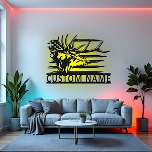 Custom Elk Sign LED Metal Wall Art, Personalized Elk Deer Decor, Wildlife Hunting Gift, Rustic Cabin Wall Decoration