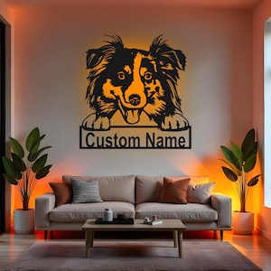 Custom Australian Shepherd Sign LED Metal Wall Art, Personalized Dog Name Decor, Dog Mom Gift, Pet Lover Bedroom Decor