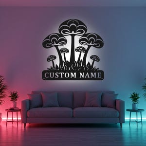 Custom Mushroom Sign LED Metal Wall Art, Personalized Garden Name Decor, Mushroom Lover Gift, Bedroom Wall Decor