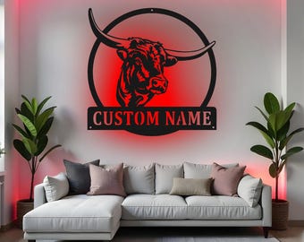 Custom Longhorn Sign LED Metal Wall Art, Personalized Cattle Ranch Decor, Farmhouse Wall Decor, Gift for Rancher