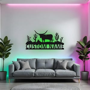 Custom Longhorn Sign LED Metal Wall Art, Personalized Cattle Ranch Decor, Western Home Wall Decor, Gift for Rancher