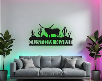 Custom Longhorn Sign LED Metal Wall Art, Personalized Cattle Ranch Decor, Western Home Wall Decor, Gift for Rancher