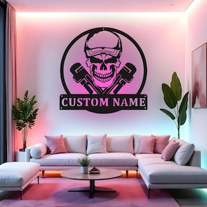 Custom Plumber Skull Sign LED Metal Wall Art, Personalized Plumbing Decor, Gift for Plumber, Garage Wall Decor