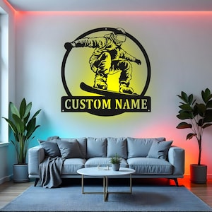 Custom Snowboarding Sign LED Metal Wall Art, Personalized Snowboarder Decor, Snowboard Room Decoration, Gift for Teen
