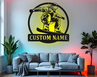 Letrero de snowboard personalizado, arte de pared de metal LED, decoración personalizada de snowboarder, decoración de habitación de snowboard, regalo para adolescentes