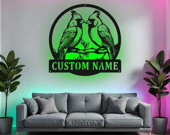 Custom Cardinal Bird Sign LED Metal Wall Art, Personalized Couple Gift, Cardinal Decor for Living Room, Bird Lover Gift