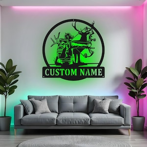 Custom Bow Hunter Sign LED Metal Wall Art, Personalized Archery Hunting Decor, Hunter Gift for Man Cave, Hunting Lodge Decor
