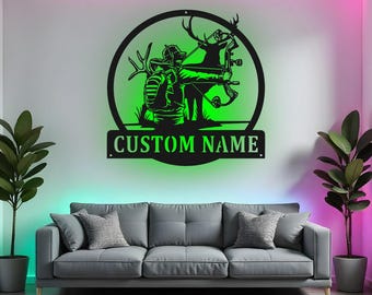 Letrero de cazador con arco personalizado, arte de pared de metal LED, decoración de caza con arco personalizada, regalo de cazador para cueva de hombre, decoración de pabellón de caza
