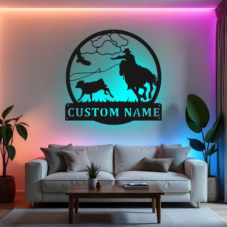 Custom Calf Roping Sign LED Metal Wall Art, Personalized Cowboy Rodeo ...