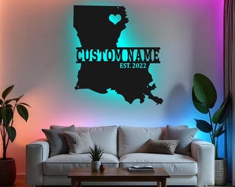 Custom Louisiana Sign LED Metal Wall Art, Personalized State Map Decor, Louisiana Home Gift, Living Room Accent