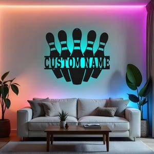 Custom Bowling Pin Sign LED Metal Wall Art, Personalized Bowling Decor, Bowling Team Gift, Bowler Room Decoration