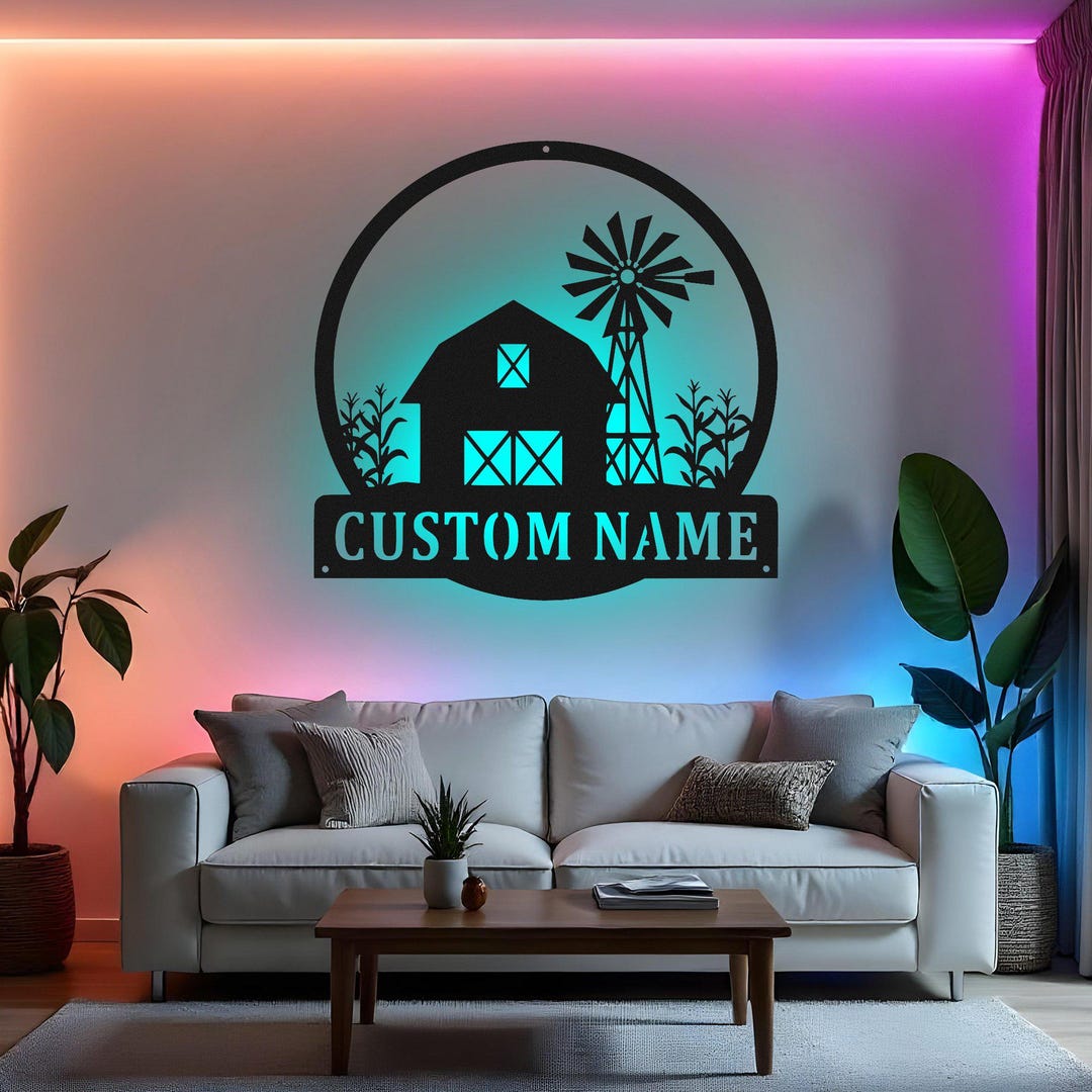 Custom Farmhouse Sign LED Metal Wall Art, Personalized Farm Name Decor ...