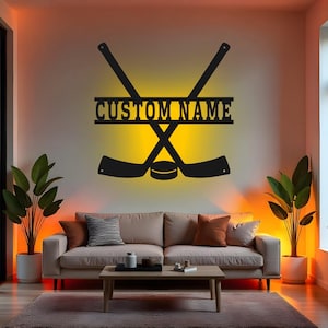 Enseigne de hockey personnalisée, décoration murale LED en métal, cadeau personnalisé pour joueur de hockey, décoration de salle de hockey, enseigne de chambre de fan de sport