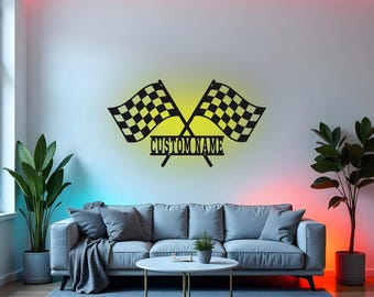 Letrero de bandera de carreras personalizado, arte de pared de metal LED, decoración personalizada con nombre de corredor, regalo de piloto de carreras, decoración de pared de garaje