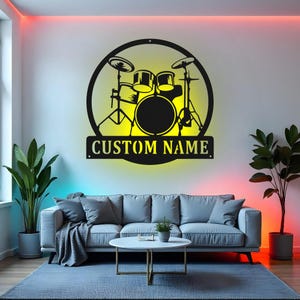 Custom Drummer Sign LED Metal Wall Art, Personalized Drum Kit Decor, Musician Gift, Drummer Room Decoration