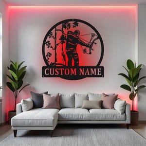 Custom Bow Hunter Sign LED Metal Wall Art, Personalized Archery Decor, Hunter Gift for Man Cave, Hunting Room Decoration