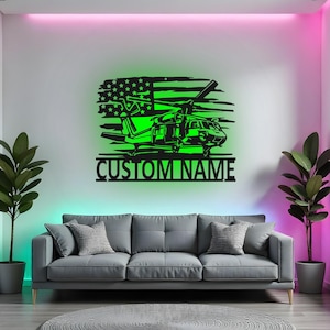 Custom Helicopter Sign LED Metal Wall Art, Personalized Aviation Decor, Military Pilot Gift, Army Home Decor