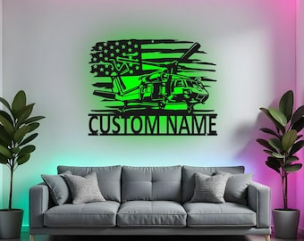 Letrero de helicóptero personalizado, arte de pared de metal LED, decoración de aviación personalizada, regalo de piloto militar, decoración del hogar del ejército