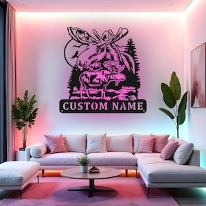 Custom elandbord led metalen muurkunst, gepersonaliseerd jagerscadeau, decor elandjacht, decoratie wilde dierenhut
