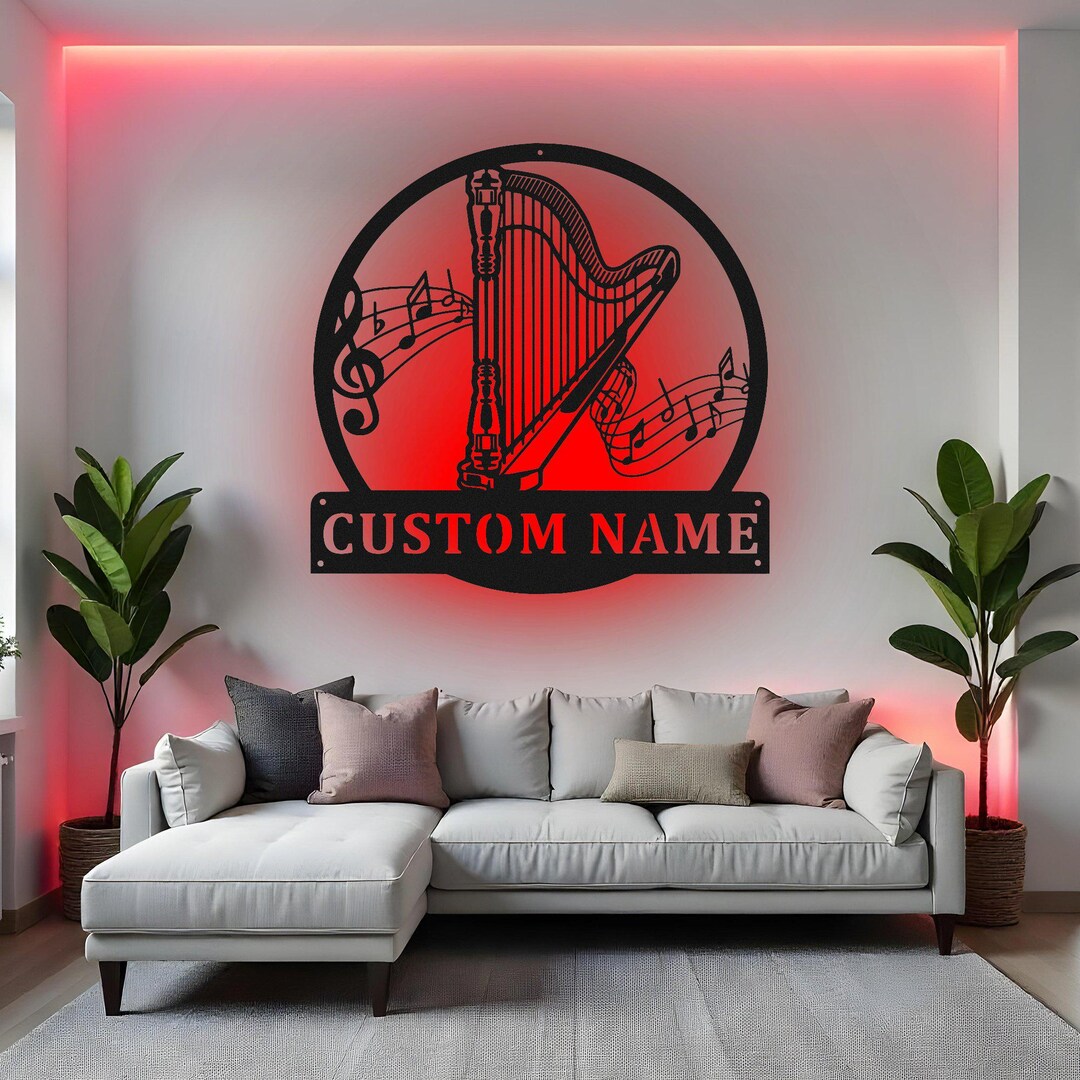 Custom Harp Sign LED Metal Wall Art, Personalized Music Teacher Gift ...