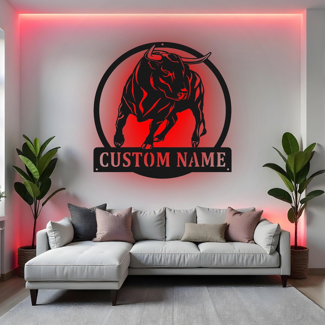 Custom Bull Sign LED Metal Wall Art, Personalized Bull Name Decor ...